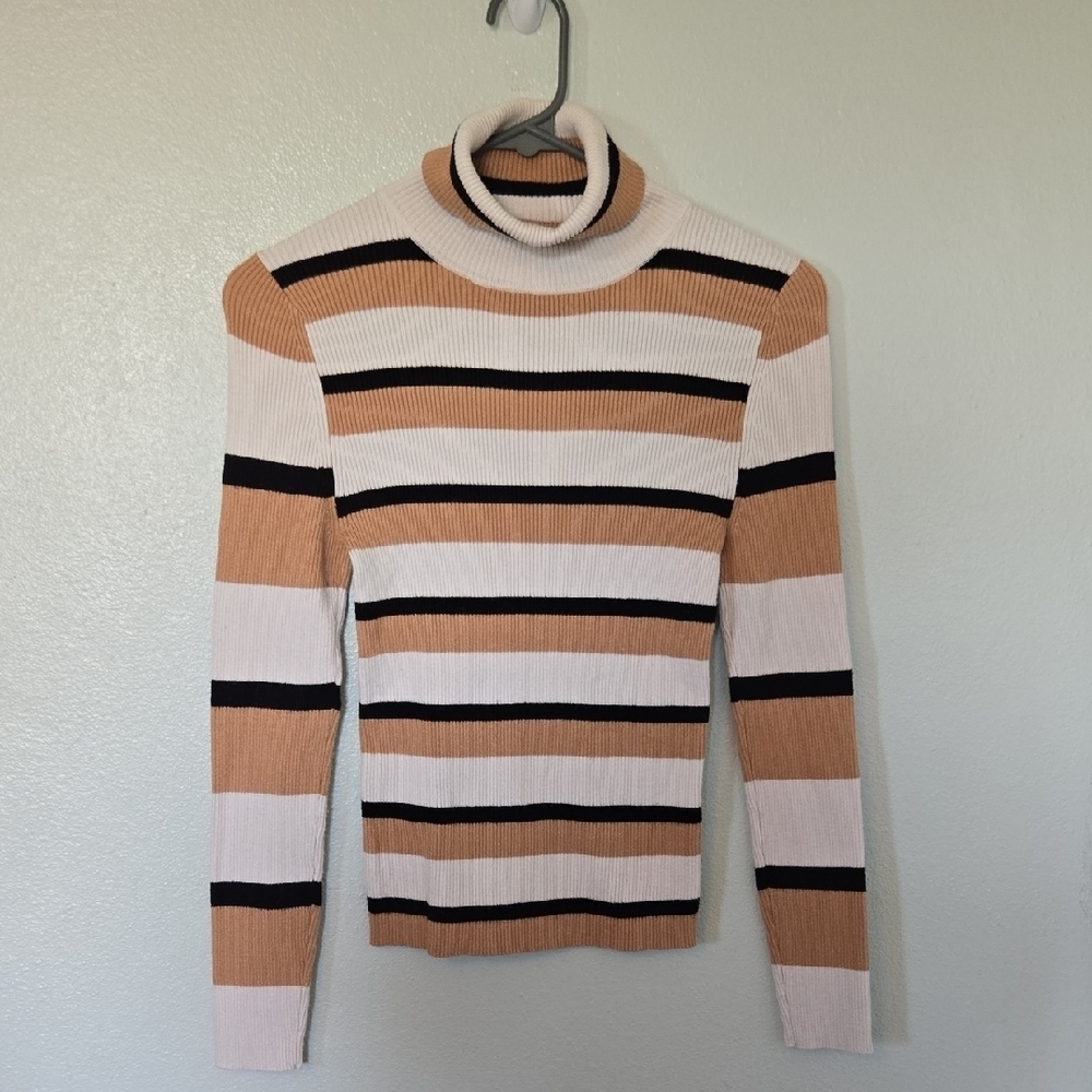 Maeve x Anthropologie | Neutral Striped Turtleneck Knit Sweater Size Small